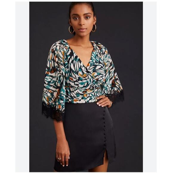 NWT Anthropologie Flutter-Sleeve Wrap Top Size Small Back-Tie Lace V-Neck - Picture 1 of 10